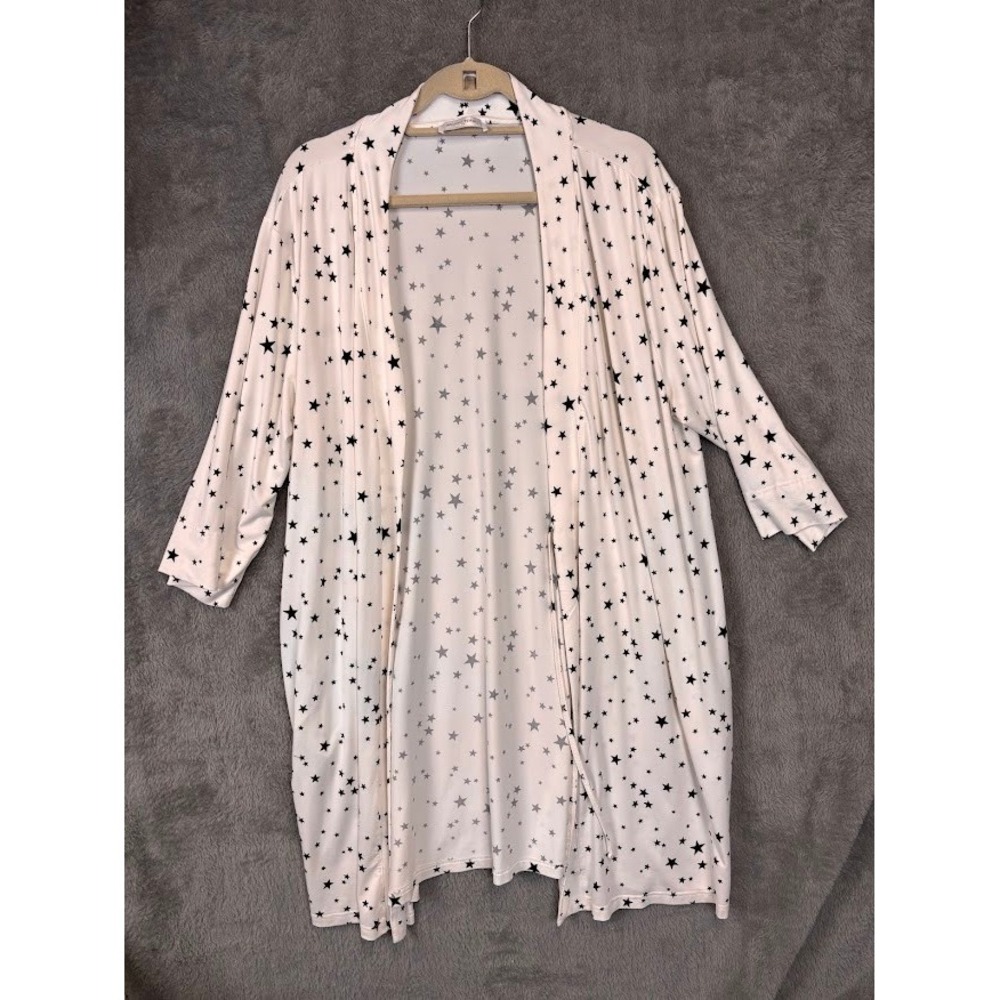 Moon Nite Womens 1X Star Print Robe White Black Celestial Open Front Loungewear